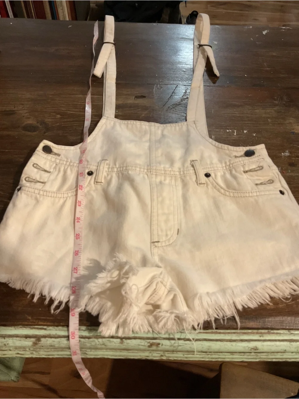 We the Free (Free People) White Cream Denim Suspender Shortalls Raw Hem- size 24